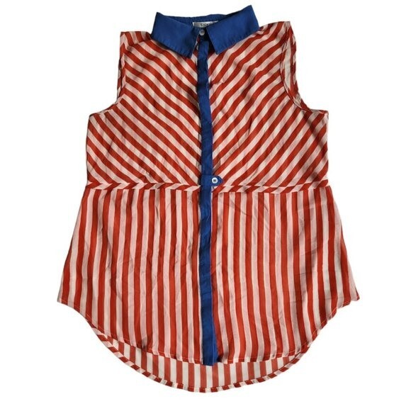 Esley blue orange white sleeveless collared button up top sz M - Picture 1 of 12